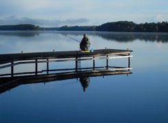 Wędkarz, Jezioro, Pomost, Mgła, Las