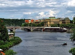 Praga, Wełtawa, Most, Łódka, Domy, Zabytki