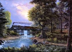 Pociąg, Most, Rzeka, Obraz