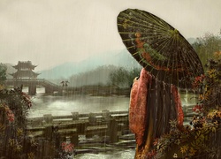 Obraz, Japoński, Domek, Deszcz, Kobieta, Parasol