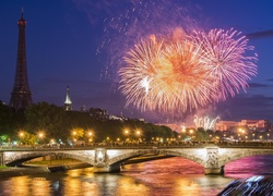 Most, Rzeka, Sekwana, Noc, Fajerwerki, Paryż, Francja