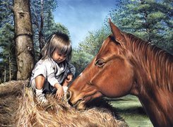 Dziewczynka, Koń, Drzewa
