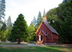 Stany Zjednoczone, Stan Kalifornia, Park Narodowy Yosemite, Drewniany, Kościółek Yosemite Valley Chapel, Drzewa