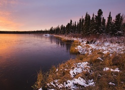 Jezioro, Las, Zachód, Słońca, Śnieg