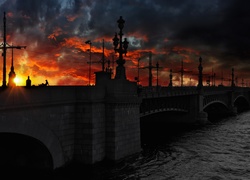 Most, Rzeka, Chmury, Zachód Słońca