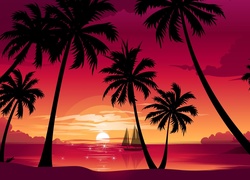 Palmy, Jezioro, Jacht, Zachód Słońca