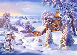Kościółek, Drzewa, Śnieg, Zima