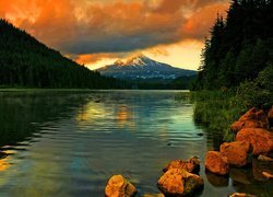 Jezioro, Kamienie, Niebo, Zachód Słońca