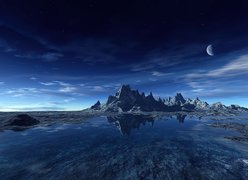Góry, Jezioro, Noc, Księżyc