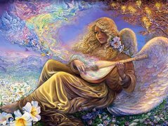 Kobieta, Anioł, Instrument, Kwiaty, Josephine Wall