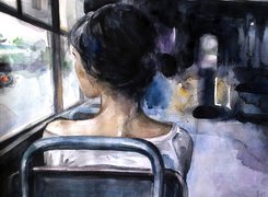 Obraz, Kobieta, Autobus