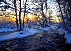 Drzewa, Zachód Słońca, Śnieg, Rzeka