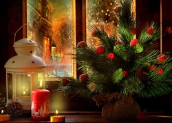 Stroik, Świeca, Okno, Boże Narodzenie, Świąteczne, Kompozycja, Lampion