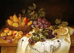 Owoce, Gruszki, Stół, Serweta