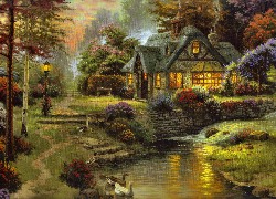 Domek, Drzewa, Rzeczka, Krzewy, Kwiaty, Obraz, Thomas Kinkade