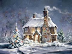 Dom, Choinka, Zima, Boże, Narodzenie, Malarstwo