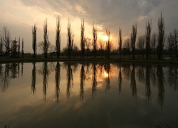 Chmury, Drzewa, Jezioro, Odbicie