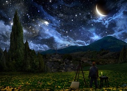 Księżyc, Drzewa, Obraz, Vincent, Van, Gogh