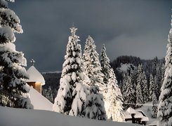 Zima, Las, Kościół, Zachmurzone, Niebo