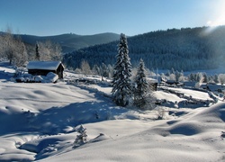 Góry, Lasy, Domek, Śnieg, Promienie, Słońca