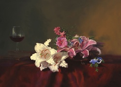 Bukiet, Kwiatów, Lampka, Wina