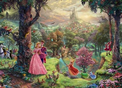 Thomas Kinkade, Disney, Śpiąca Królewna, Sleeping Beauty, Wróżki, Las