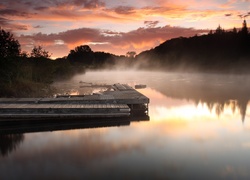 Jezioro, Mgła, Zachód, Słońca