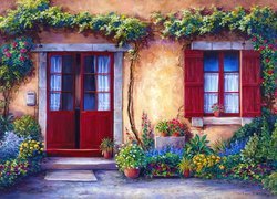 Dom, Okno, Drzwi, Kwiaty