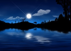 Noc, Jezioro, Księżyc, Gwiazdy, Odbicie