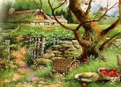 Ogród, Drzewo, Owocowe, Jabłoń, Kapelusz, Kosz