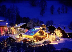 Zima, Oświetlone, Domy, Boże Narodzenie, Noc