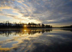 Jezioro, Drzewa, Wschód, Słońca, Odbicie