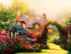 Ogród, Dom, Kwiaty, Thomas Kinkade
