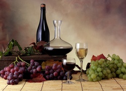 Kompozycja, Wino, Winogrono, Butelka, Kieliszki