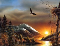 Góry, Zachód słońca, Ptaki, Terry Avon Redlin