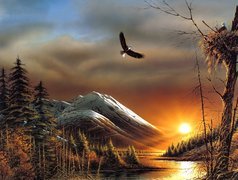 Góry, Zachód słońca, Ptaki, Terry Avon Redlin