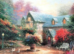 Dom, Ogród, Kwiaty, Thomas Kinkade