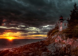 Latarnia Morska, Morze, Chmury, Zachód Słońca, Bass Harbor, Maine