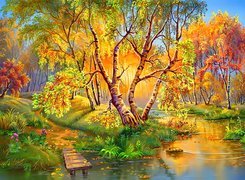 Rzeka, Kładka, Pomost, Drzewa, Jesień