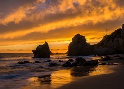 Morze, Skały, Plaża, Zachód Słońca, El Matador, Kalifornia
