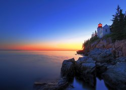 Latarnia Morska, Skały, Morze, Zachód Słońca, Maine