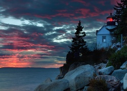 Latarnia, Morska, Morze, Zachód Słońca, Bass Harbor, Maine