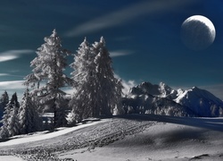 Noc, Góry, Drzewa, Księżyc, Śnieg
