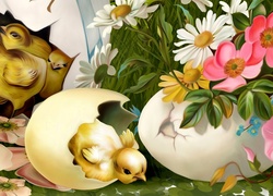 Wielkanoc, Kurczaki, Kwiaty