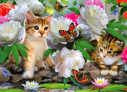 Dwa, Kotki, Motyle, Kwiaty, Piwonie, Lilie, Wodne