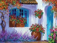 Dom, Niebieskie, Drzwi, Okno, Kwiaty