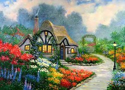 Dom, Ogród, Kwiaty, Alejka, Reprodukcje Obrazów