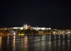 Panorama, Miasta, Nocą, Praga, Czechy