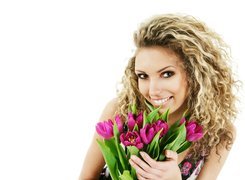 Blondynka, Bukiet, Tulipanów, Uśmiech
