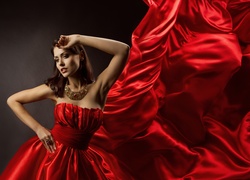 Kobieta, Czerwona, Suknia, Biżuteria